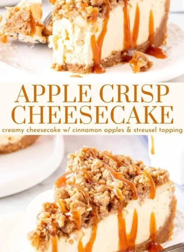 Delicious apple crisp cheesecake topped with cinnamon and crunchy apple crisp