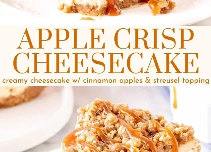 Delicious apple crisp cheesecake topped with cinnamon and crunchy apple crisp
