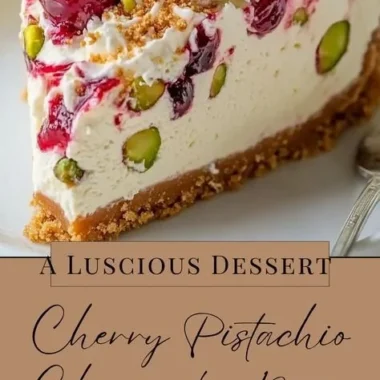 Delicious Cherry Pistachio Cheesecake topped with cherries and pistachios