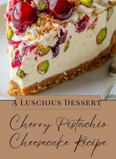Delicious Cherry Pistachio Cheesecake topped with cherries and pistachios