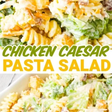Delicious Chicken Caesar Pasta Salad garnished with fresh greens and parmesan.