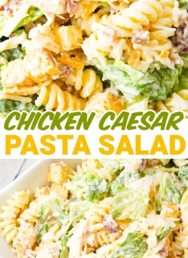 Delicious Chicken Caesar Pasta Salad garnished with fresh greens and parmesan.