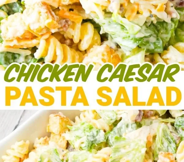 Delicious Chicken Caesar Pasta Salad garnished with fresh greens and parmesan.