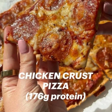 Homemade Chicken Crust Pizza topped with fresh ingredients and cheese