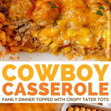 Delicious Cowboy Casserole served in a baking dish topped with melted cheese.