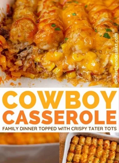 Delicious Cowboy Casserole served in a baking dish topped with melted cheese.