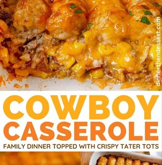 Delicious Cowboy Casserole served in a baking dish topped with melted cheese.