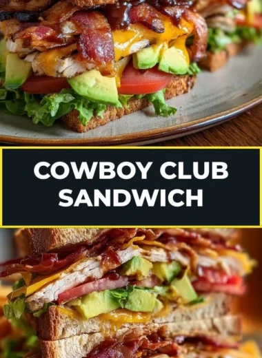 A delicious Cowboy Club Sandwich stacked with layers of meats, cheese, and fresh vegetables.