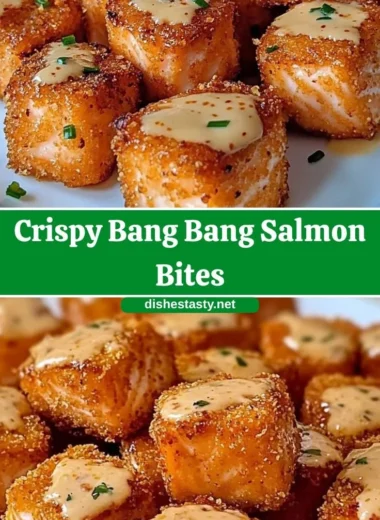 Crispy Bang Bang Salmon bites on a plate garnished with herbs