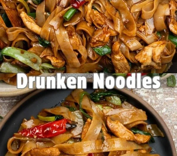 Delicious plate of drunken noodles garnished with vegetables and herbs