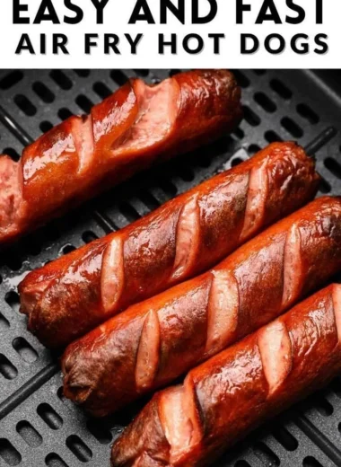 Delicious air fryer hot dogs served with condiments on a plate