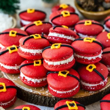 Festive Santa Claus macarons with sugar cookie buttercream filling