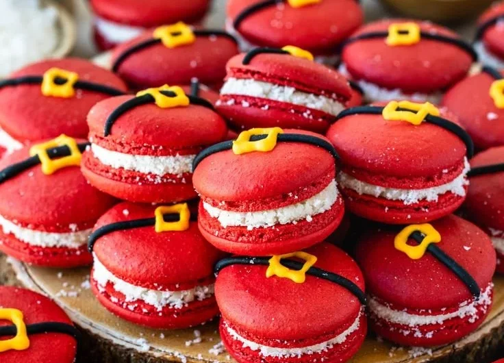 Festive Santa Claus macarons with sugar cookie buttercream filling