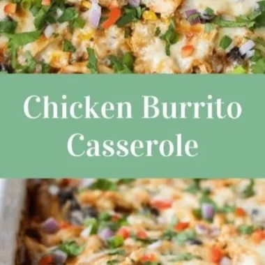 Delicious healthy chicken burrito casserole topped with cheese and fresh ingredients