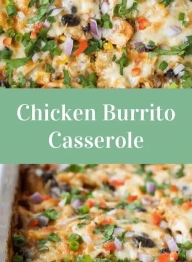 Delicious healthy chicken burrito casserole topped with cheese and fresh ingredients