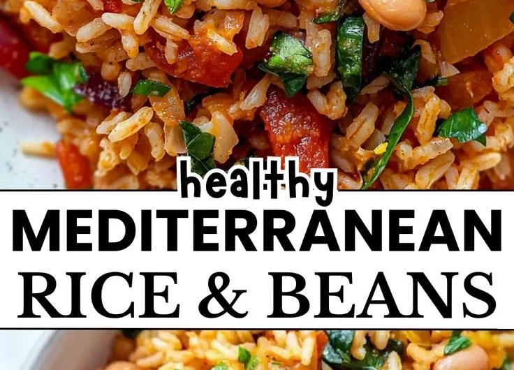 A bowl of Mediterranean Rice and Beans garnished with herbs.