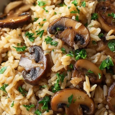 Delicious plate of Mushroom Rice garnished with herbs