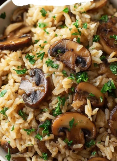 Delicious plate of Mushroom Rice garnished with herbs