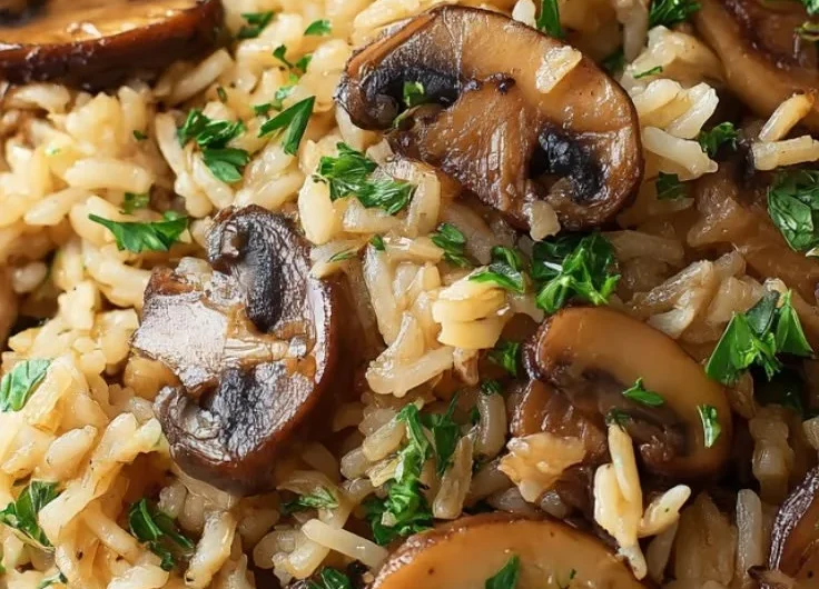 Delicious plate of Mushroom Rice garnished with herbs
