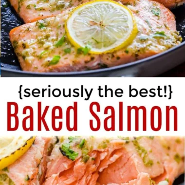 Oven roasted salmon garnished with herbs on a plate