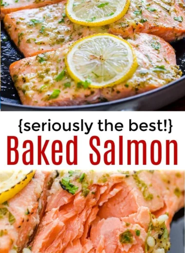 Oven roasted salmon garnished with herbs on a plate