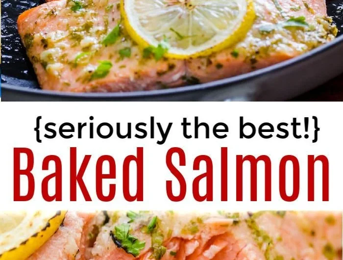 Oven roasted salmon garnished with herbs on a plate