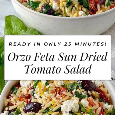 Delicious orzo pasta salad with feta cheese and sun-dried tomatoes