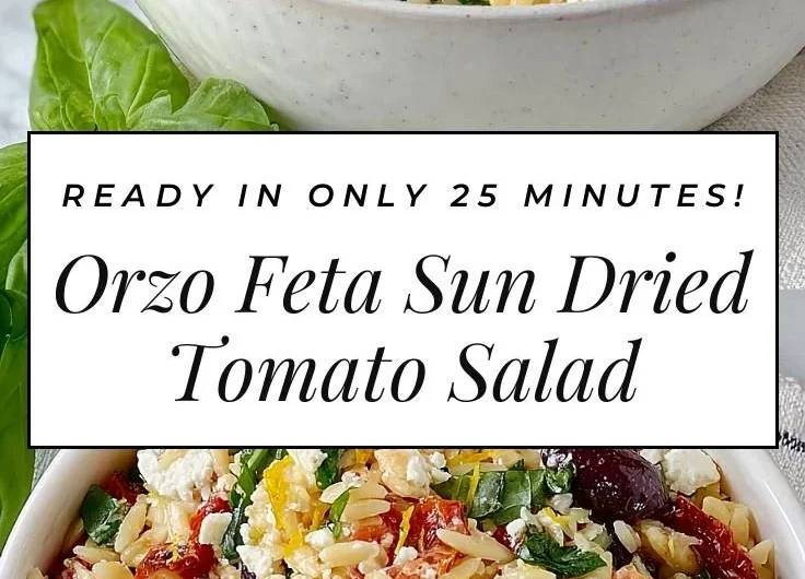 Delicious orzo pasta salad with feta cheese and sun-dried tomatoes
