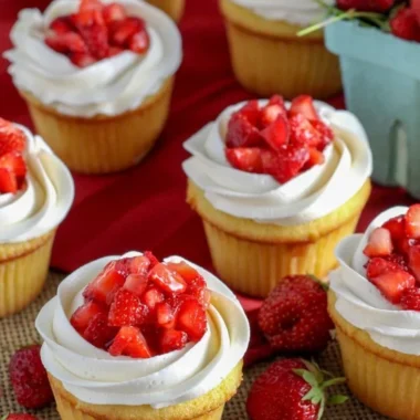 Delicious strawberry shortcake cupcakes topped with fresh strawberries and cream