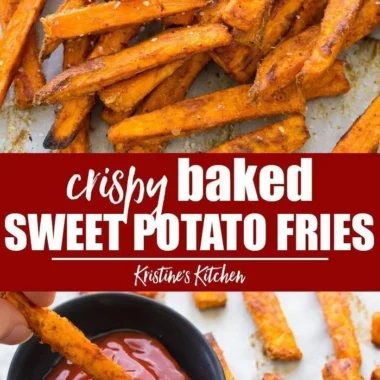 Plate of crispy baked sweet potato fries, a healthy snack option