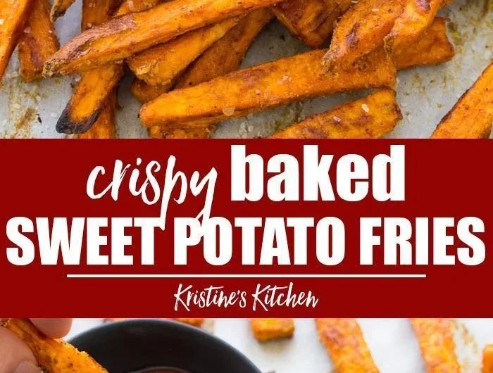 Plate of crispy baked sweet potato fries, a healthy snack option