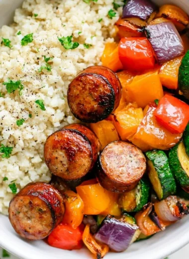 Air fryer chicken sausage with colorful veggies ready to serve in 10 minutes.