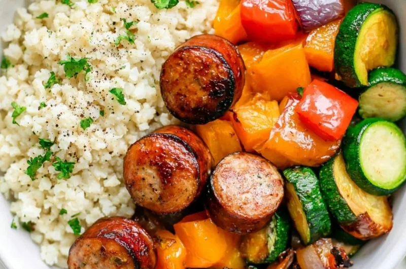 Air fryer chicken sausage with colorful veggies ready to serve in 10 minutes.