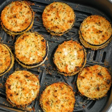 Crispy air fryer eggplant served in a bowl with herbs and spices.