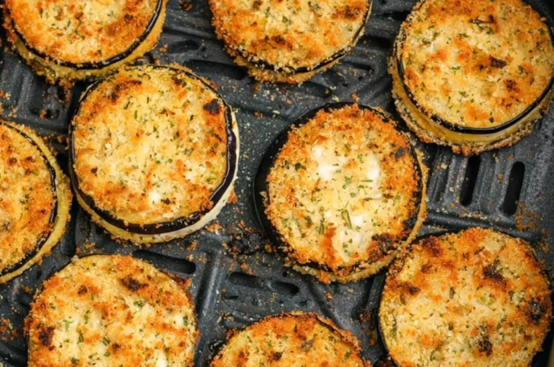 Crispy air fryer eggplant served in a bowl with herbs and spices.