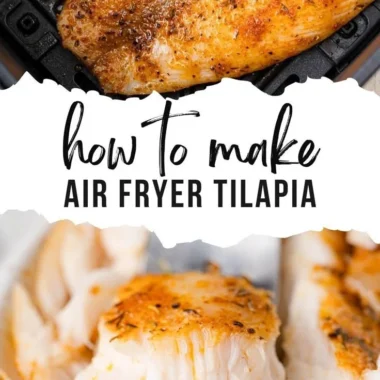 Cooked air fryer tilapia fillets served on a plate with herbs and lemon.