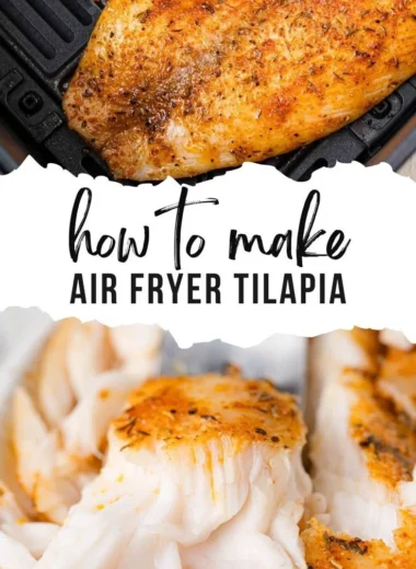 Cooked air fryer tilapia fillets served on a plate with herbs and lemon.