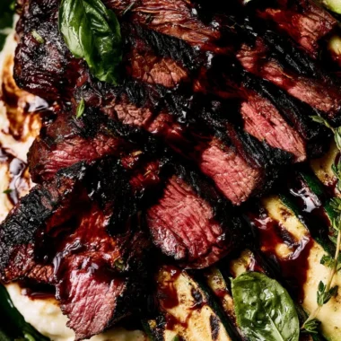 Balsamic Flank Steak served with grilled zucchini and whipped feta cheese.