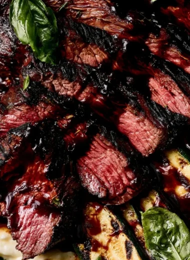 Balsamic Flank Steak served with grilled zucchini and whipped feta cheese.