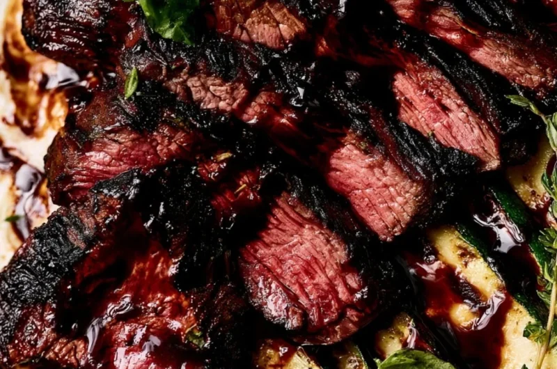 Balsamic Flank Steak served with grilled zucchini and whipped feta cheese.