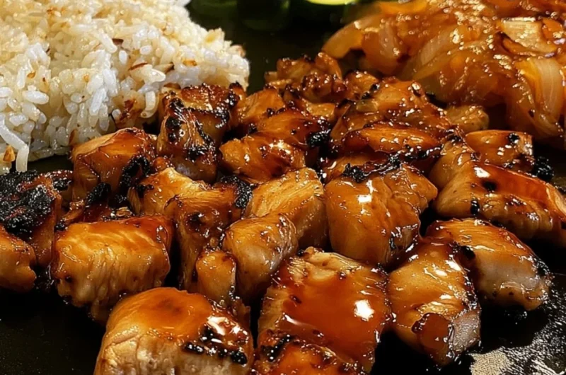 Delicious Blackstone Hibachi Chicken grilled to perfection with vegetables.
