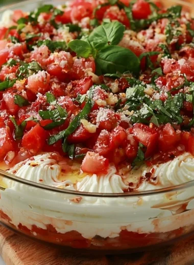 Delicious bruschetta dip served with crispy bread
