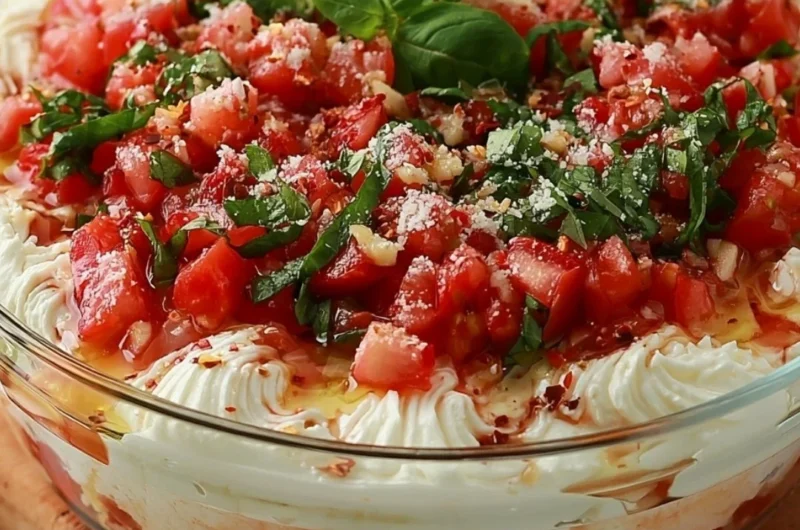 Delicious bruschetta dip served with crispy bread