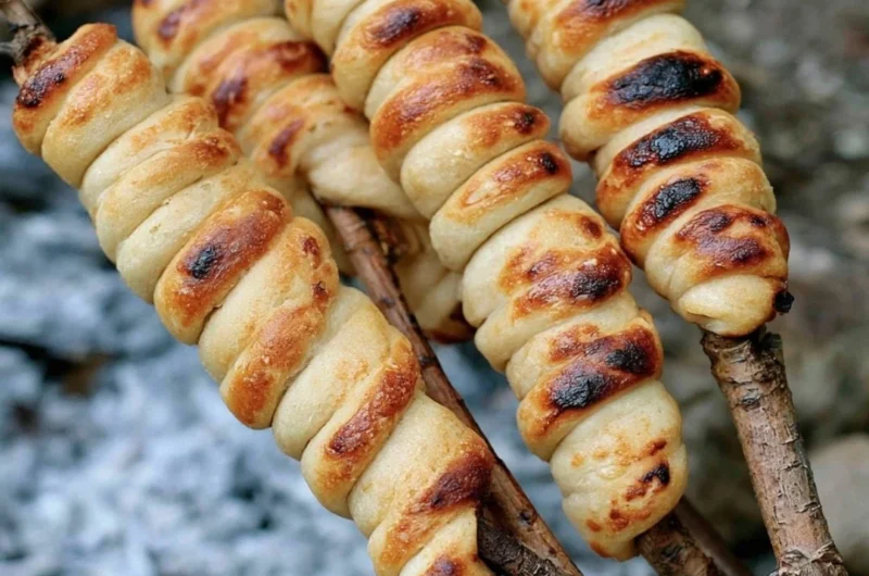Deliciously baked Campfire Bread over an open flame
