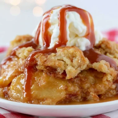 Delicious Caramel Apple Dump Cake served on a plate with a drizzle of caramel sauce.