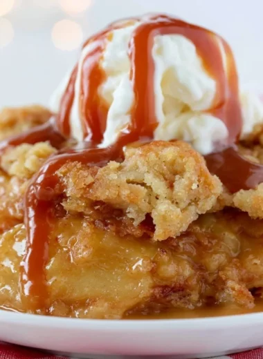 Delicious Caramel Apple Dump Cake served on a plate with a drizzle of caramel sauce.