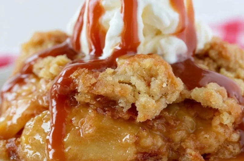 Delicious Caramel Apple Dump Cake served on a plate with a drizzle of caramel sauce.