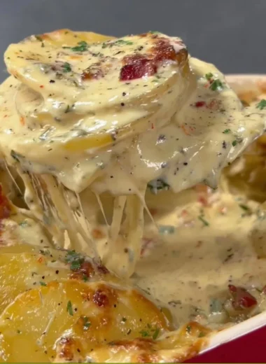 Creamy and cheesy au gratin potatoes baked to perfection.
