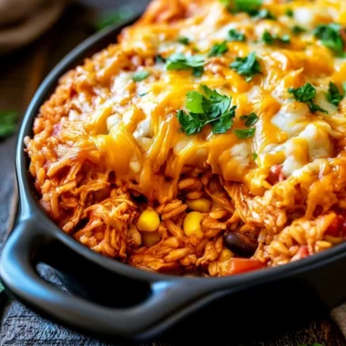 Chicken Enchilada Rice Casserole with cheese and toppings in a baking dish