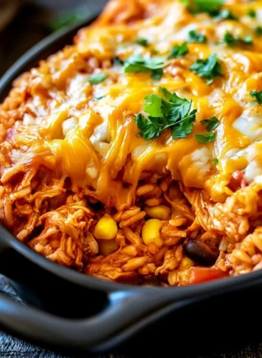 Chicken Enchilada Rice Casserole with cheese and toppings in a baking dish